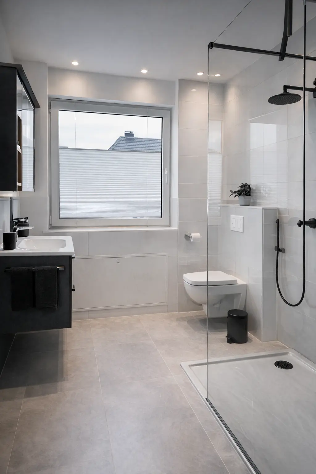 großes fenster im bad mit begehbarer dusche