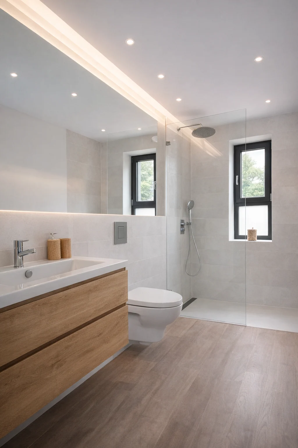 modernes bad mit begehbarer dusche und fenster